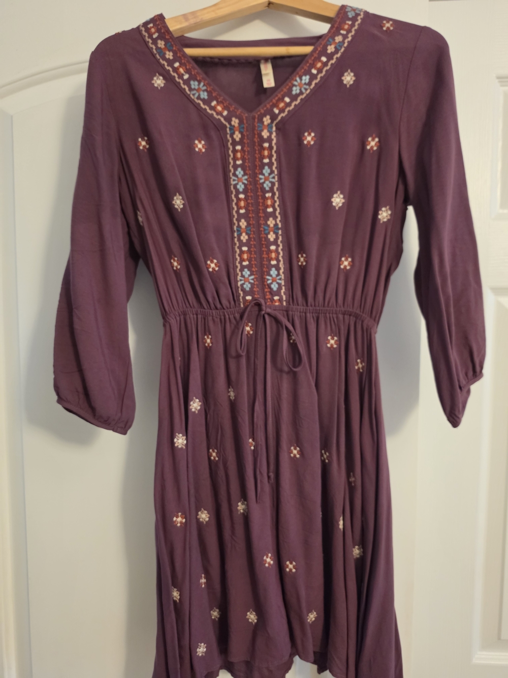Xhilaration Plum Embroidered Midi Dress with Drawstring Waist